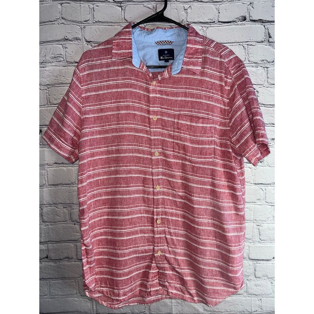 Ben Sherman Men’s Large Linen Button Down Shirt Red White